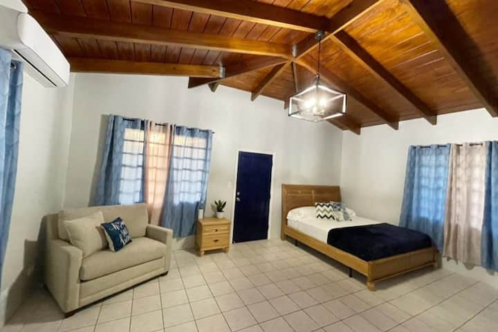 Chambre principale : lit King Size et canapé-lit double avec climatisation et télévision connectée. Bureau et chaise aussi dans cette pièce.