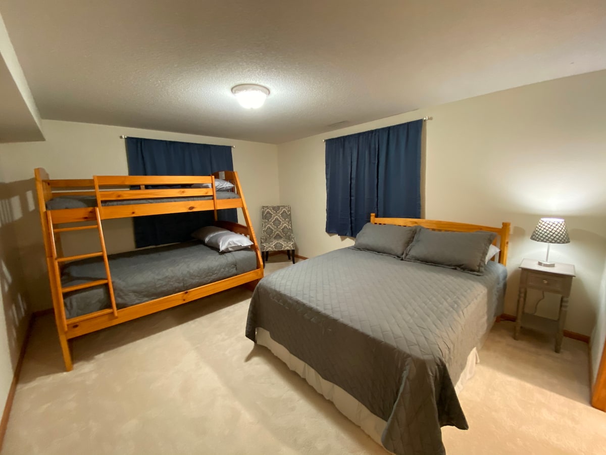 1 Queen and a Bunch bed. Double and Twin mattress. Walk-in closet.