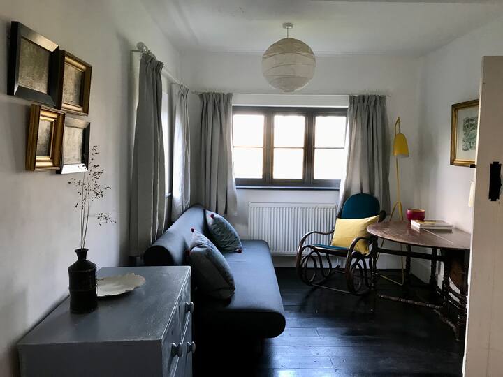 A peaceful living room at the back of the cottage for reading, studying or working. There's a comfortable pocket sprung sofabed which is useful for someone with limited mobility (the stairs here are steep!) and a downstairs bathroom is just close by.