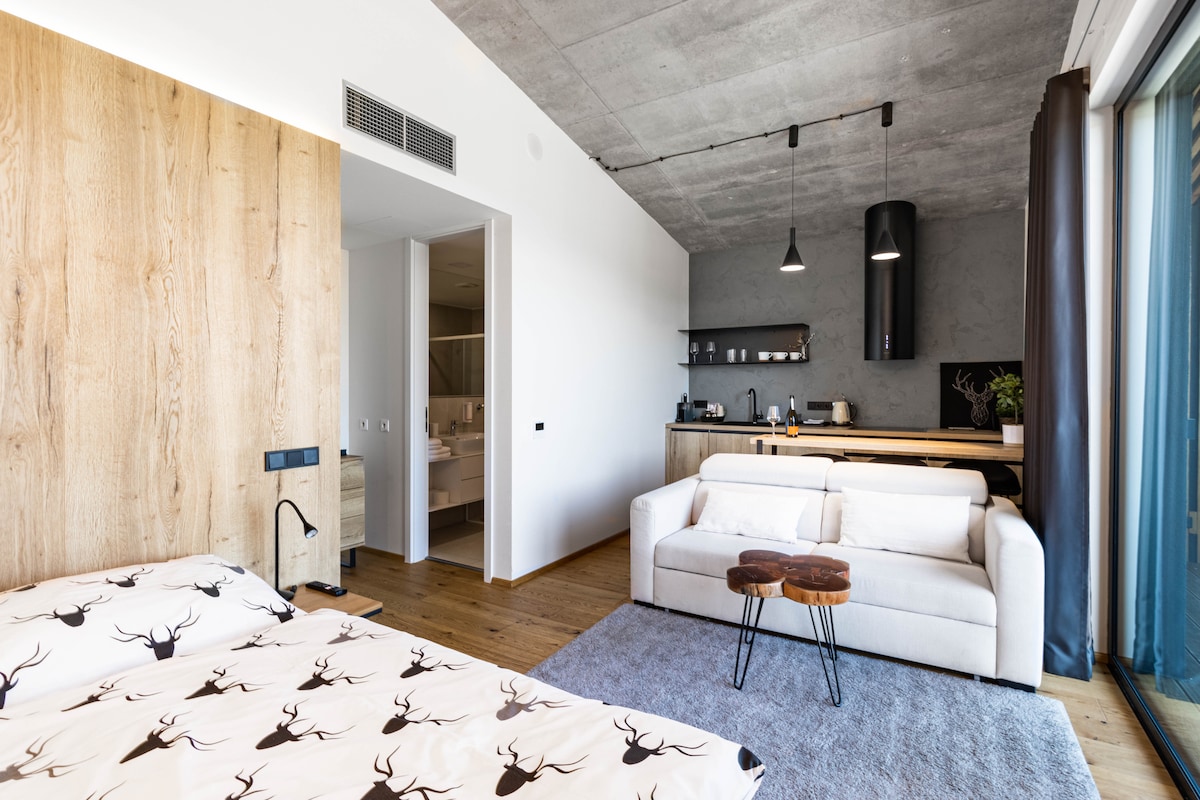 A modern loft space features a wooden accent wall with a spacious bed adorned in patterned bedding. A cozy seating area includes a light-colored sofa and a small wooden table. The kitchen area is equipped with essential appliances, while natural light fills the room from large windows.