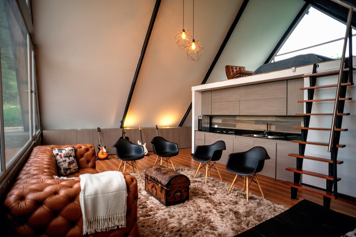 A spacious living area is highlighted by a leather sofa, warm wood flooring, and large windows that invite natural light. Four modern chairs surround a rustic coffee table. A ladder leads to a sleeping loft above, with subtle lighting accents throughout.