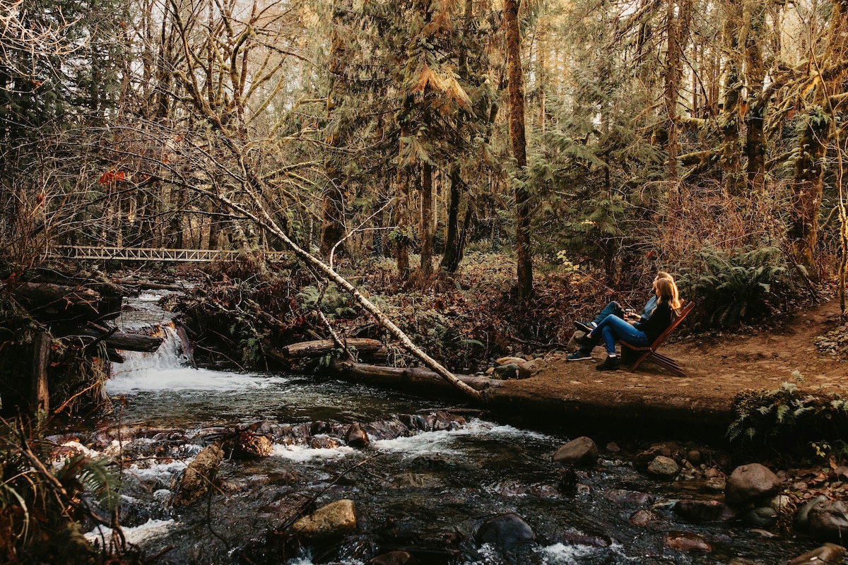 A tranquil riverside scene features a person seated on a wooden chair beside a gentle stream. Surrounding trees create a serene atmosphere, while a simple wooden bridge spans the water in the background, highlighting the natural beauty of the Pacific Northwest.