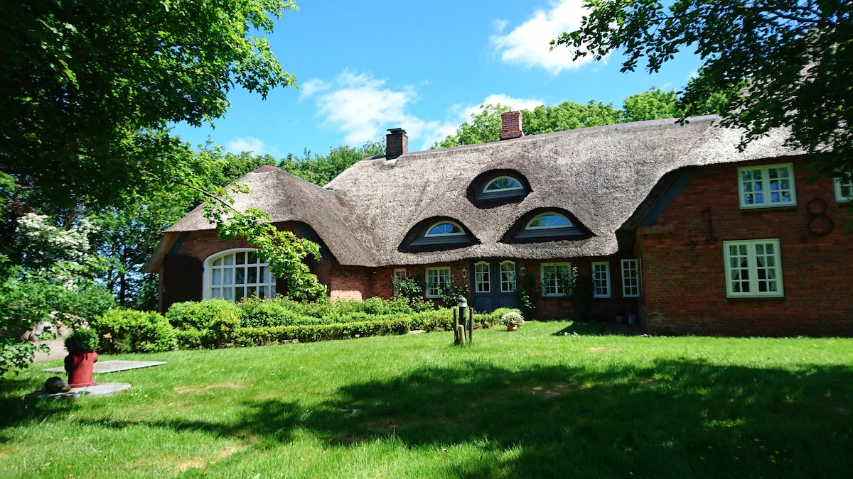 A charming thatched-roof house is surrounded by lush greenery. Large windows create a harmonious connection with the outdoors, while the vibrant blue sky serves as a backdrop. Neatly trimmed hedges and colorful plants enhance the inviting exterior, providing a scenic setting.