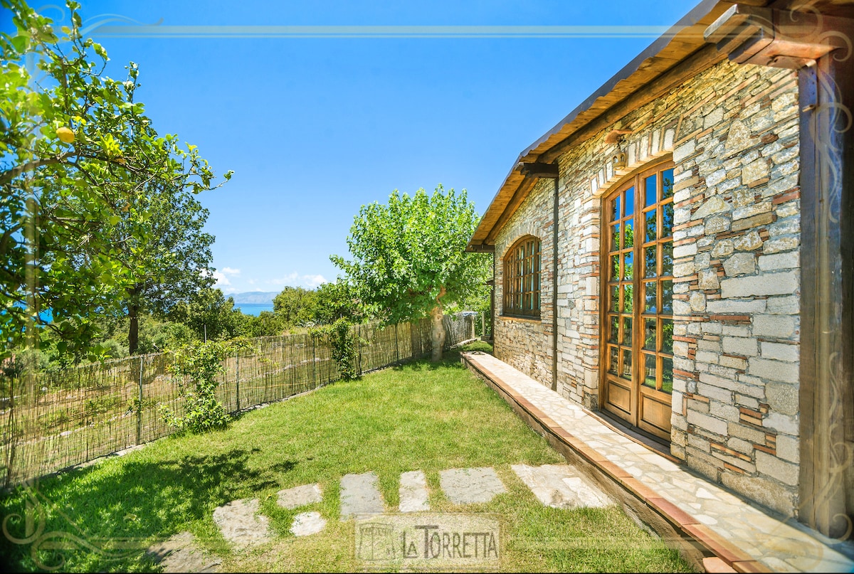A charming stone structure is framed by lush greenery and a manicured lawn. Large windows provide a bright atmosphere, while a wooden pathway leads to the entrance. The expansive sky exceeds the horizon, suggesting proximity to coastal views.