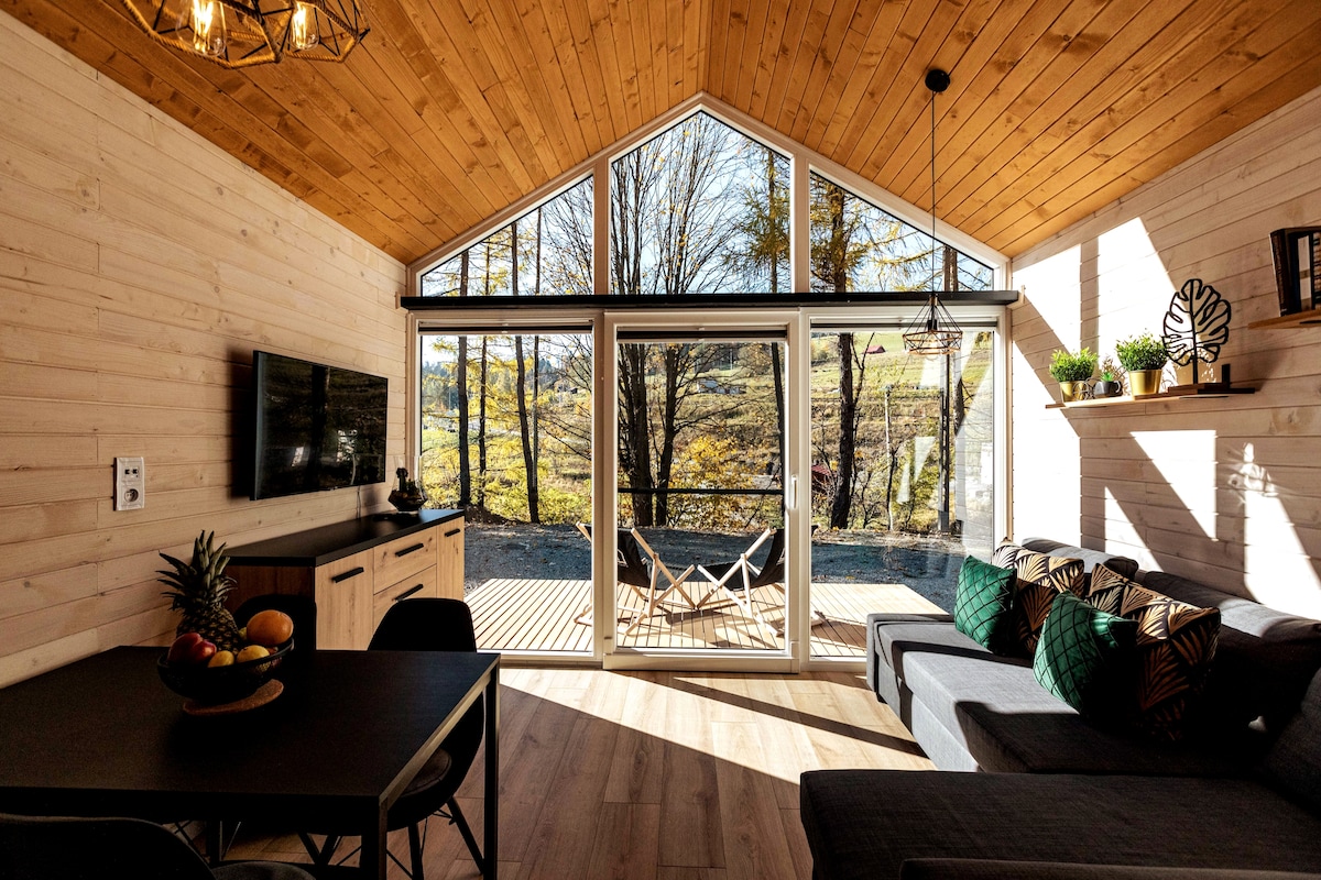 A bright living space features wooden walls and a vaulted ceiling. Large glass doors open to a scenic outdoor area, while a comfortable sofa and a dining table are positioned within. Decorative plants and modern furnishings add to the inviting ambiance.