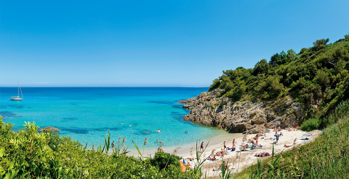 A serene beach scene is depicted, showcasing clear turquoise water and a sandy shoreline dotted with sunbathers. Green vegetation frames the beach, while a sailboat can be seen in the distance, enhancing the tranquil coastal environment.