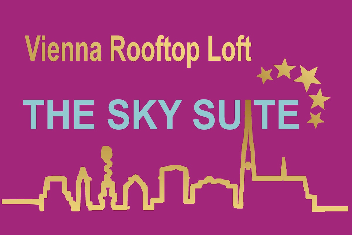 A stylish graphic featuring the silhouette of Vienna's skyline against a vibrant pink background. The text highlights "The Sky Suite" in a modern font, complemented by golden decorative stars. The overall design conveys a contemporary and inviting atmosphere.