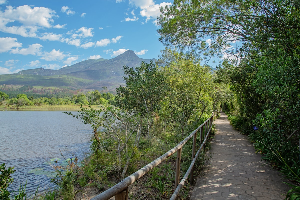 A scenic pathway runs alongside a tranquil body of water, framed by lush greenery. Majestic mountains rise in the background under a clear blue sky, enhancing the natural beauty of the area. The pathway invites leisurely strolls amidst the peaceful surroundings.