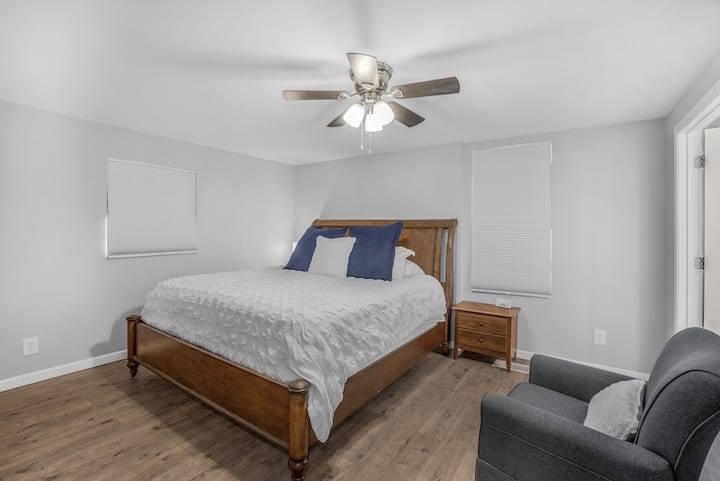 Our master bedroom sleeps two guests comfortably with a king bed.