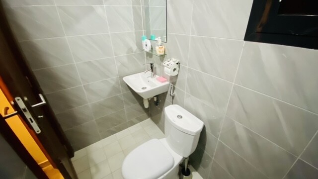 A modern bathroom is presented with gray tiled walls. A compact toilet and a small sink are positioned adjacent to each other. A mirror is mounted above the sink, and toiletries are neatly arranged on the wall-mounted holder.