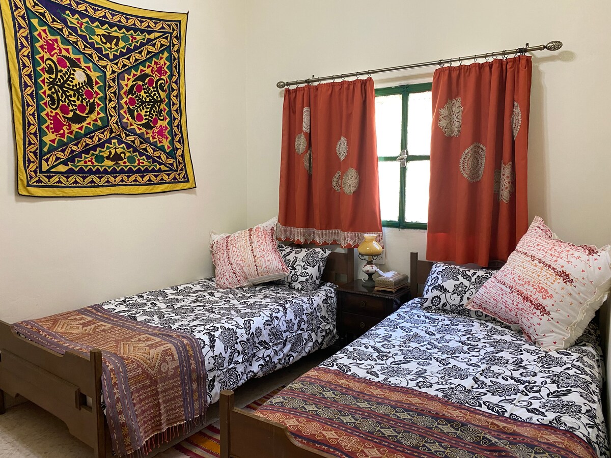The room features two twin beds with decorative bedding, complemented by colorful throw pillows. A vibrant tapestry adorns one wall, while orange curtains frame a window, allowing natural light to enter. A nightstand with a lamp is positioned between the beds, enhancing the cozy setting.