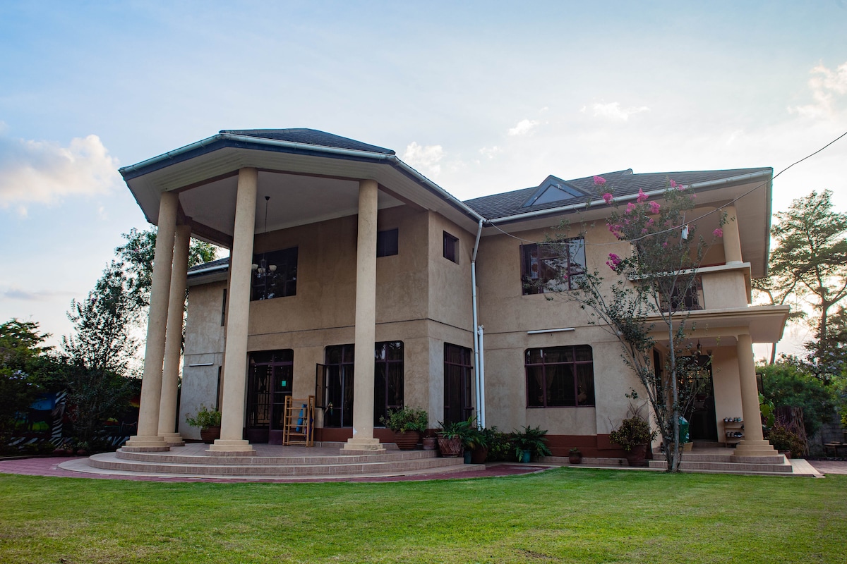 The exterior of The White House features a large, two-story structure with prominent columns supporting a broad porch. Windows line the facade, allowing natural light to illuminate the interior. A well-maintained lawn surrounds the building, complemented by trees and flowering plants.