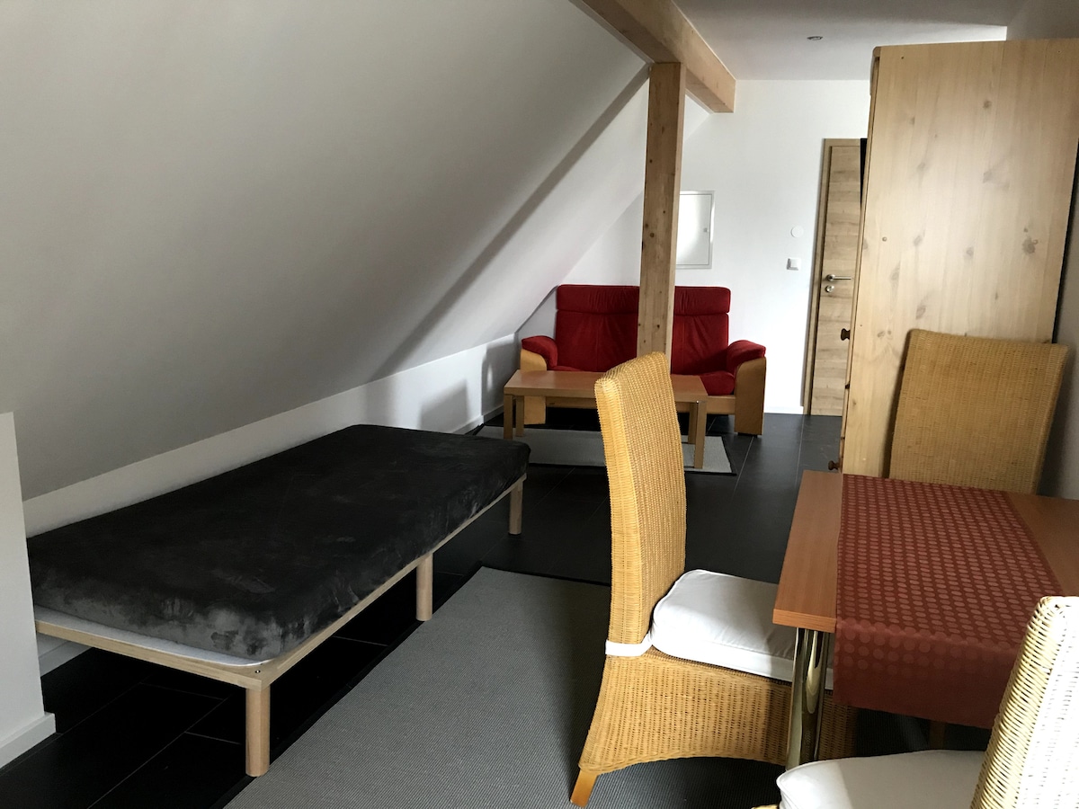 A spacious loft area features a low-profile futon positioned beside a red couch and wooden chairs. A rectangular dining table is set against a wall. Exposed wooden beams accentuate the sloped ceiling, while dark tiled flooring adds a modern touch.