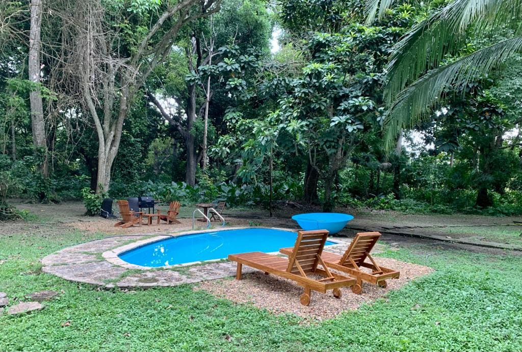 A private swimming pool is surrounded by lush greenery, featuring two wooden lounge chairs positioned on a stone patio. A small fire pit with seating is visible in the background, nestled among the trees, providing a serene setting for relaxation.