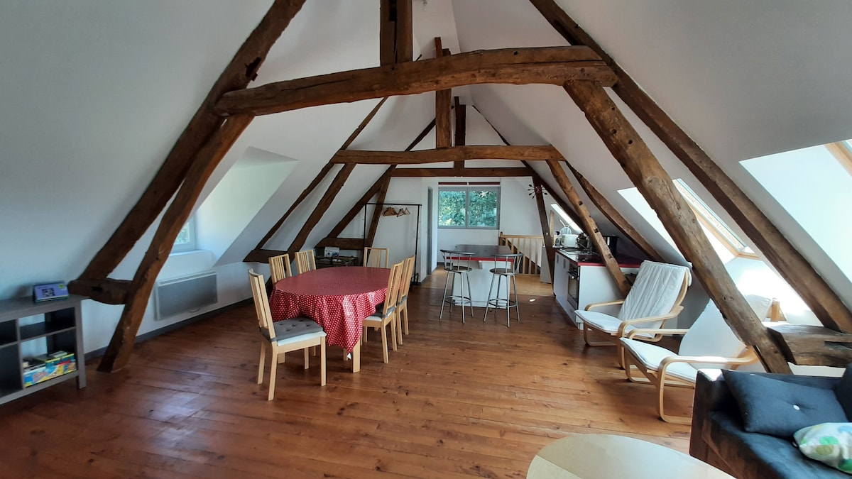 The open living space features exposed wooden beams and a wooden floor. A round dining table is surrounded by light-colored chairs, while a cozy seating area includes armchairs and a dark sofa. Large windows allow natural light to fill the room.