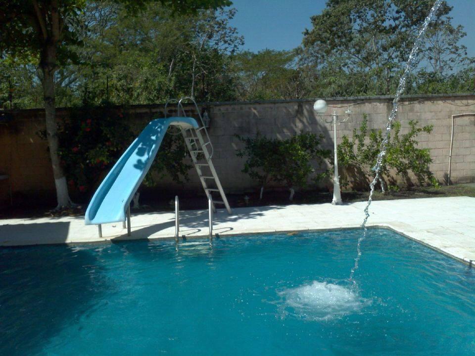 A large swimming pool is featured with a water slide positioned beside it. The pool's vibrant blue water glistens in the sunlight, while a fountain adds a playful touch. A ladder provides access to the pool, with lush greenery lining the surrounding area.