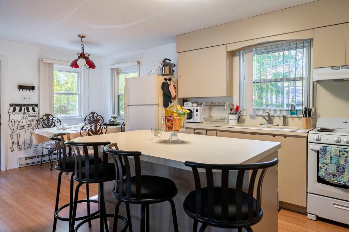A kitchen showcases a central island with four black bar stools and a fruit basket. Cabinets and countertops offer ample storage and workspace. Natural light enters through two windows, highlighting white appliances and utensils arranged neatly. A decorative rug and a vintage-style light fixture enhance the space.