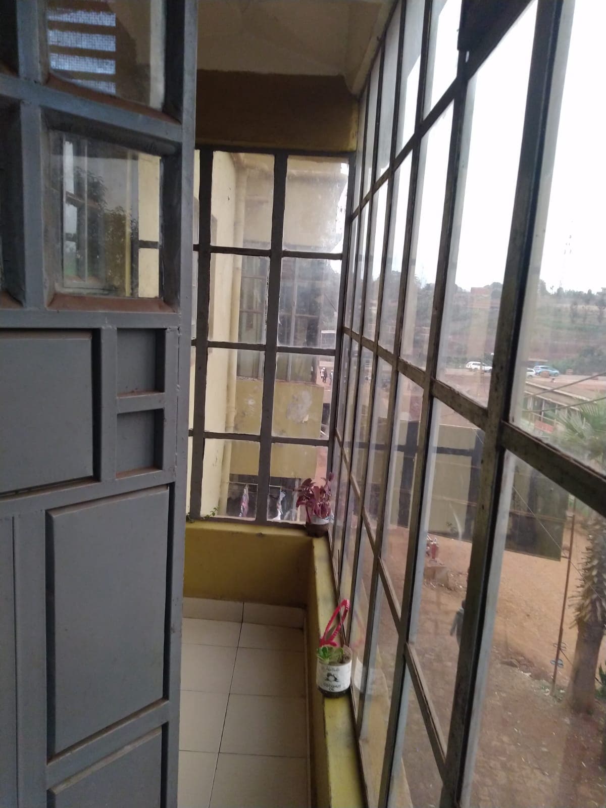 A glass-enclosed balcony features large windows, allowing for ample natural light. A small potted plant sits on the floor, contributing to the serene environment. The walls are painted in a warm yellow, complementing the unobstructed view of the surrounding area.