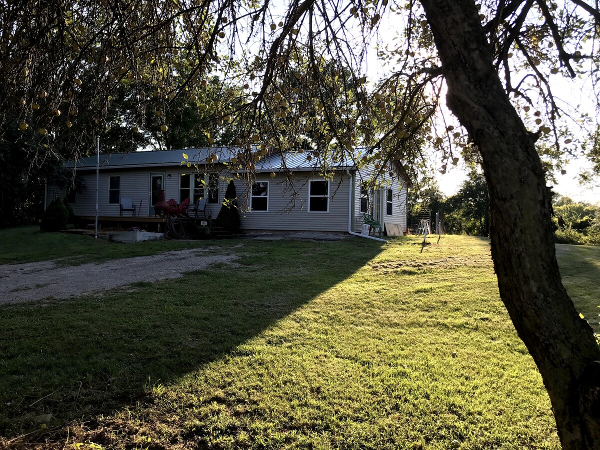 The cottage exterior is viewed from a distance, framed by foliage. A well-maintained lawn with sunlight filtering through trees showcases the structure, which features multiple windows and a porch. A gravel path leads to the entrance, providing a serene country ambiance.