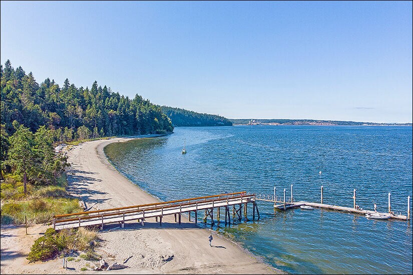 A tranquil beach scene features a wooden pier extending into calm waters. Soft sand lines the shore, complemented by lush greenery and trees in the background. The horizon showcases gentle waves meeting the sky under clear weather.