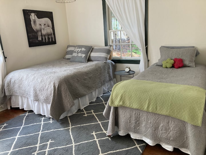 Bedroom #2 has a double (full-size) bed and a twin bed. The window looks out to the National Forest 25' away. It has a chair, dresser and attached closet. 