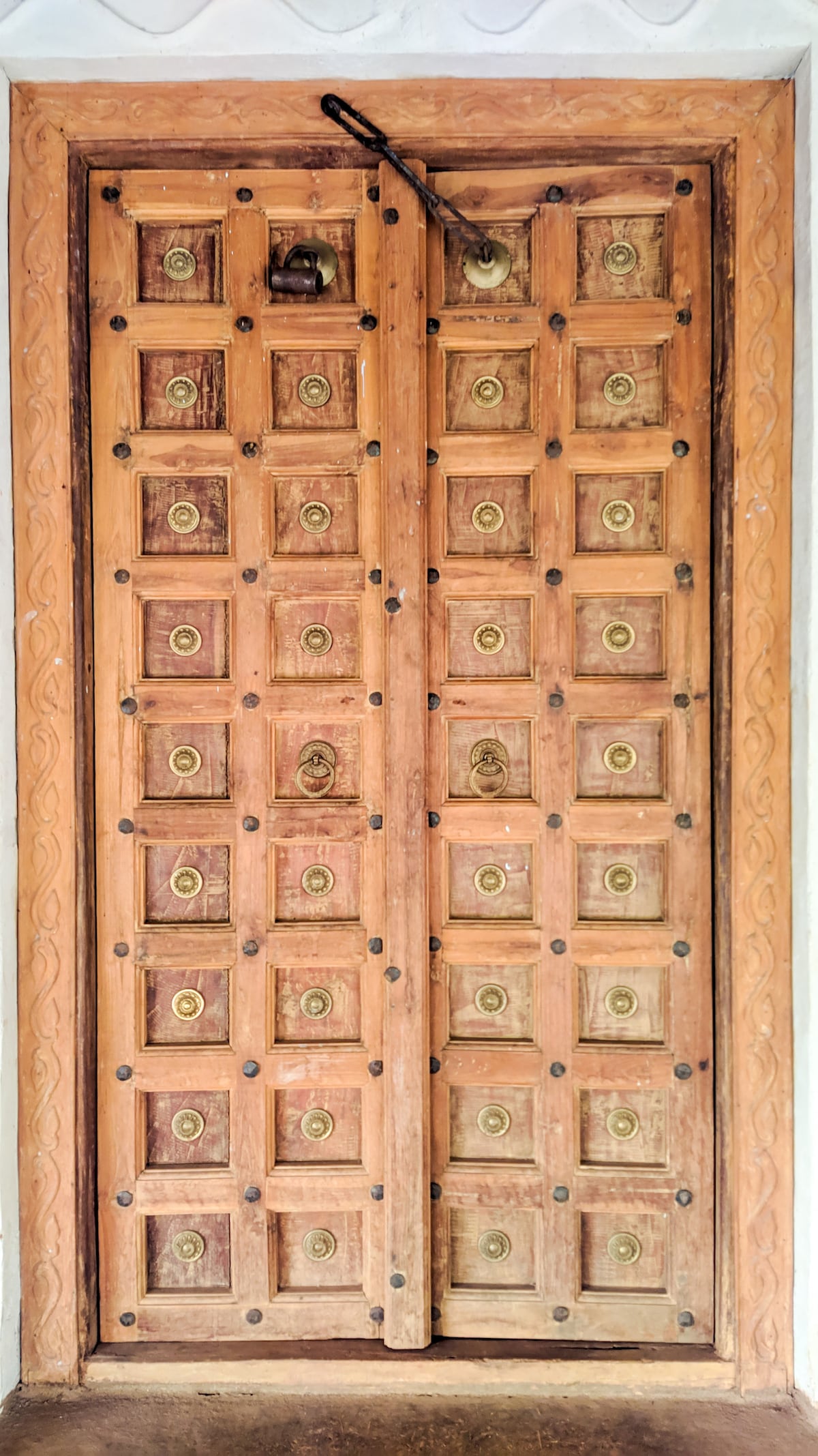 A traditional wooden door features intricate carvings and a grid design, showcasing numerous circular brass door knobs. The warm wood tones are complemented by dark metal fasteners, highlighting the craftsmanship typical of rural architecture in Madhya Pradesh.