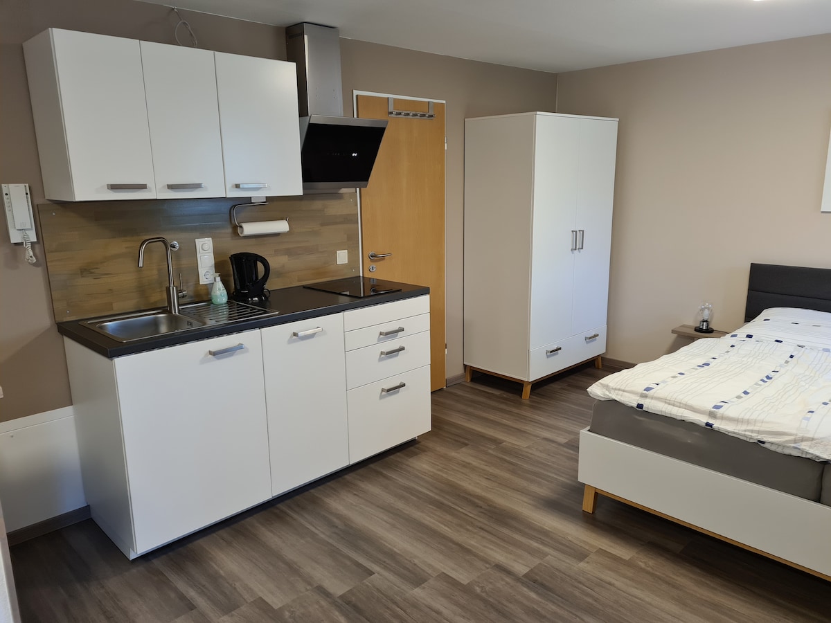 A compact living space features a modern kitchenette with appliances and a dining area. A spacious bed is positioned against the wall, complemented by a simple wardrobe. Wood-style flooring adds a functional warmth to the overall design.