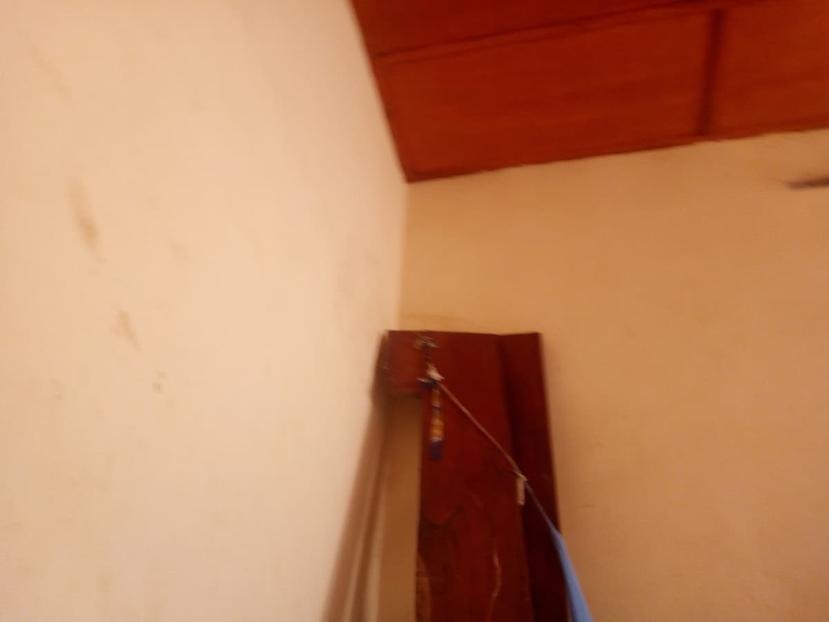 The image captures a corner of a room, featuring a plain wall with minimal decoration. A wooden fixture is attached near the ceiling, indicating storage or utility. The ceiling displays a wooden finish, contributing to the room's overall simplicity.