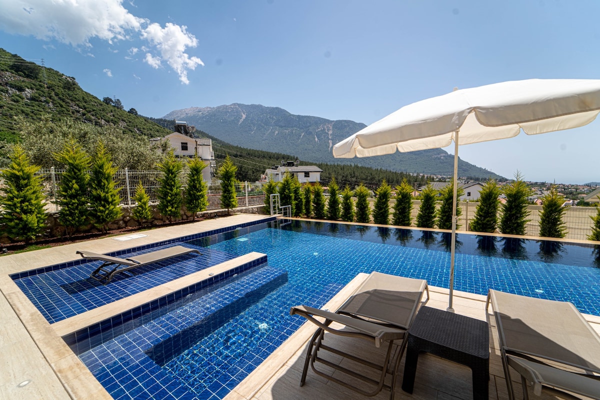 An inviting infinity pool is showcased, bordered by lush greenery and featuring two reclining loungers. A large umbrella provides shade, and stunning mountain views are visible in the background under a clear sky.