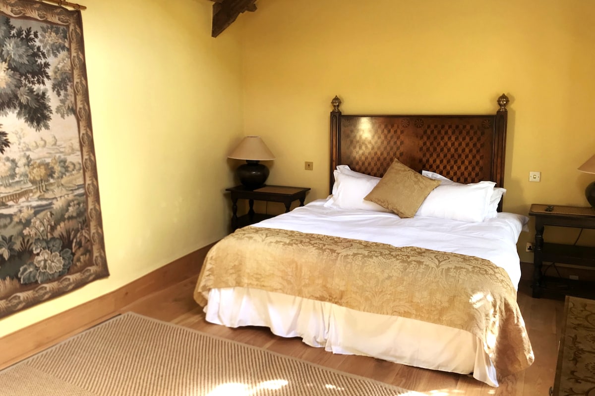 Dormitorio principal con techo abovedado y suelo con paneles de vidrio con alfombra de privacidad