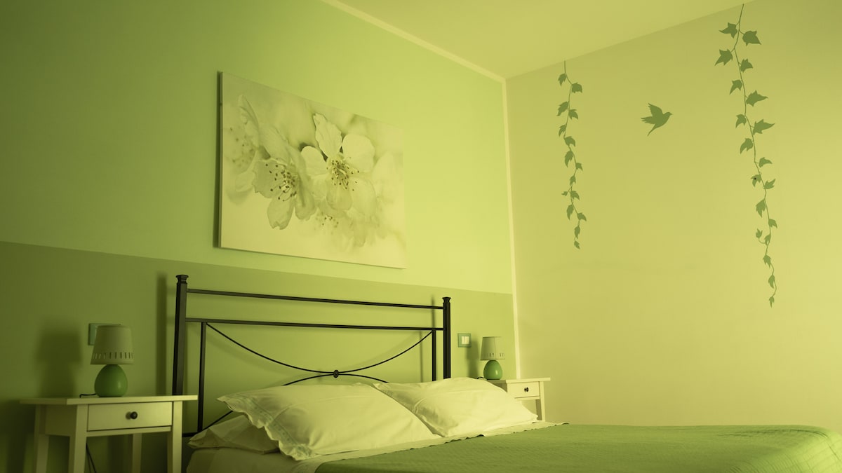 A calming green bedroom features a black metal bed frame with a sizable duvet and pillows. Flanking the bed are two nightstands, each topped with a green lamp. Wall art depicting flowers hangs above, complemented by tasteful wall decorations of leaves and birds.