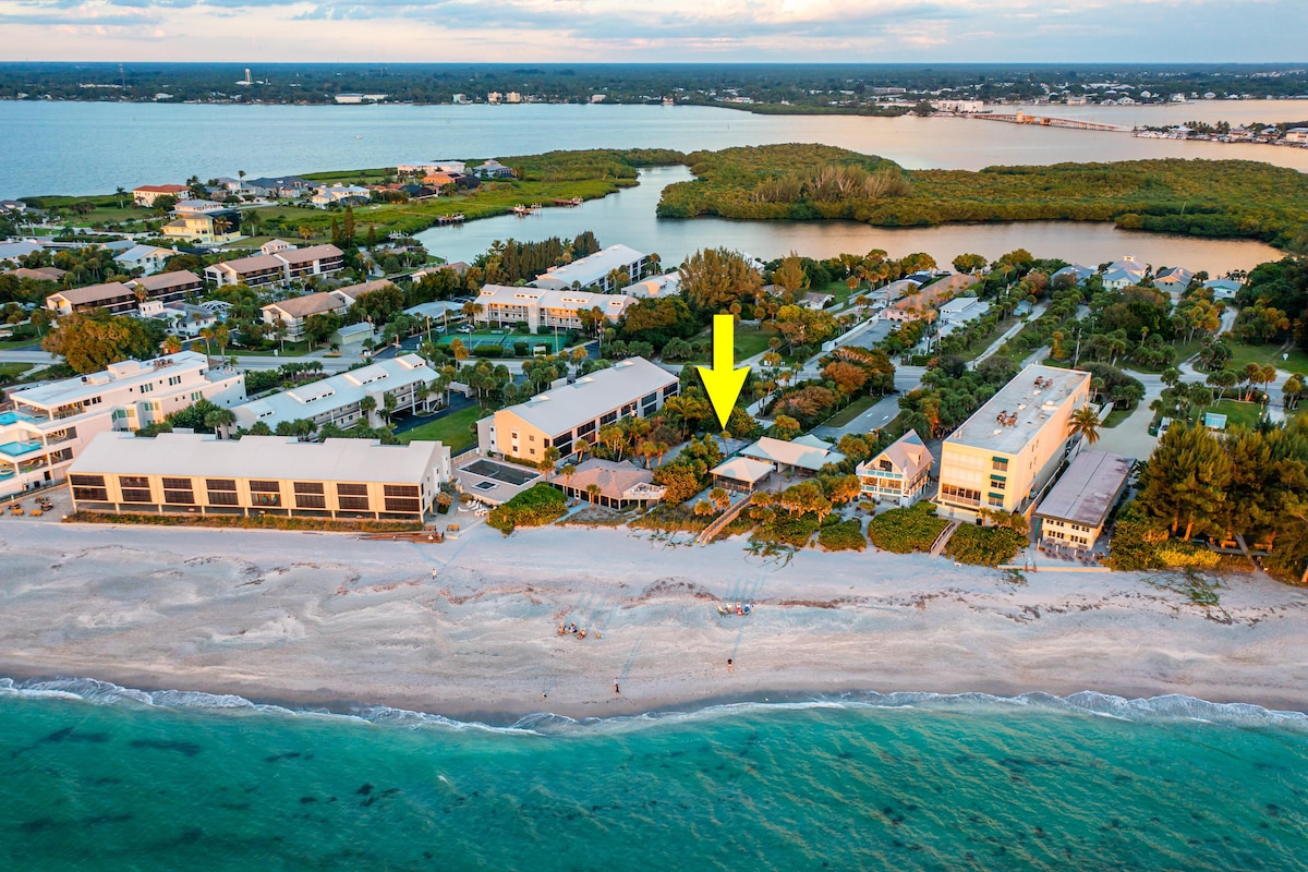 An aerial view captures the beachfront cottage nestled among lush greenery, with an inviting shoreline stretching along the coast. Nearby structures include a mix of residential and commercial buildings, highlighting the proximity to local amenities and the tranquil beach environment.