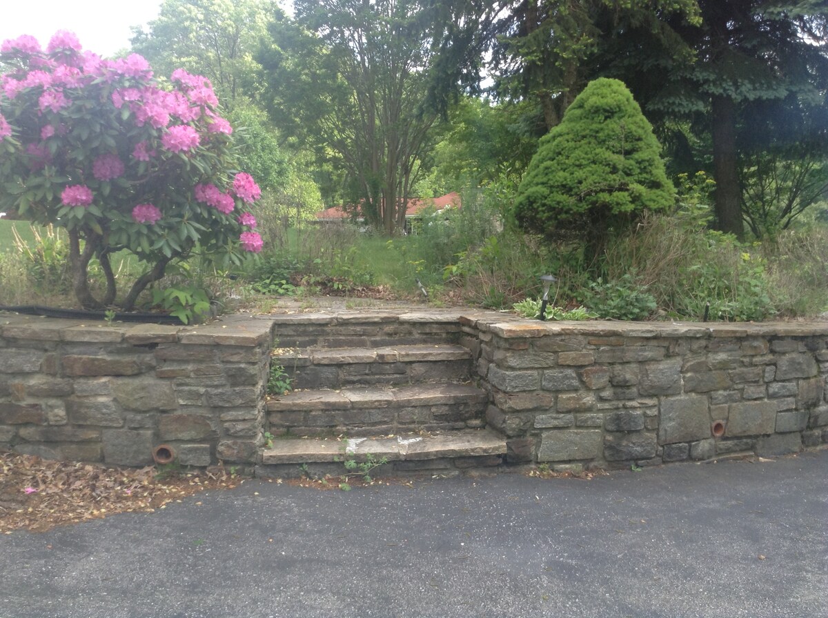 A stone wall features a small staircase leading to a landscaped area. Vibrant pink rhododendron flowers bloom alongside evergreen shrubs. The lush greenery in the background suggests a serene outdoor environment, enhancing the natural appeal of the entrance.