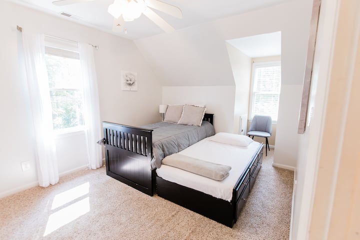 Trundle bed has been since replaced with two twin beds with plush matching comforters.  This room sits across from the master bedroom with a full bathroom in the hallway.  Pack-n-play available in the closet.