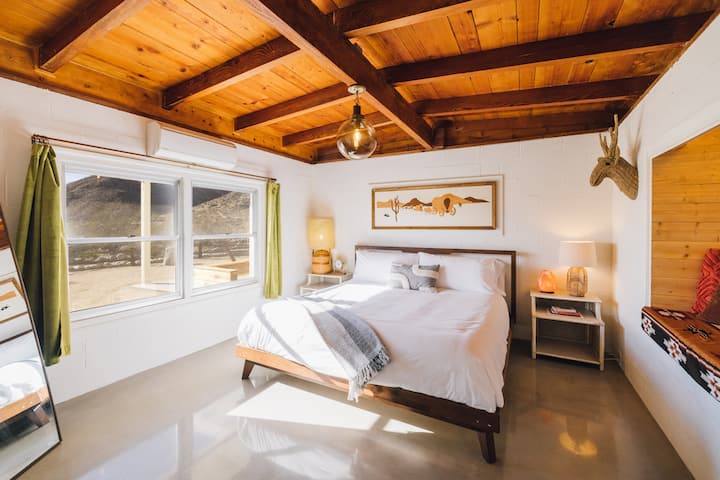 The Western Room (Bedroom 2) with Adjacent Bathroom, King Sized Tempur-Pedic Mattress, Original Mid-Century Furnishings, and Custom Reading Nook
