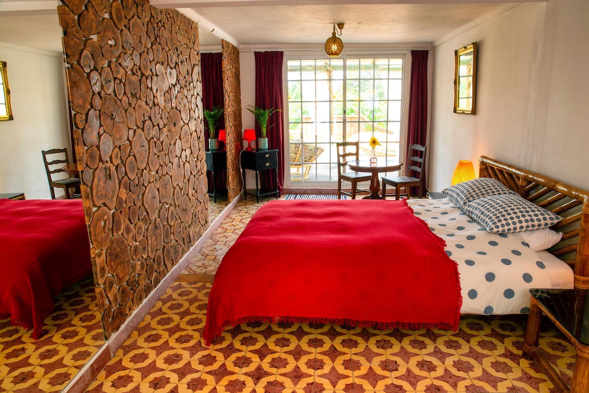 A compact room features a spacious bed with a red blanket and polka-dotted pillows. A mirrored wall reflects the natural light from a large window. Two wooden chairs and a small table are situated near the window, with decorative plants adding a touch of greenery.