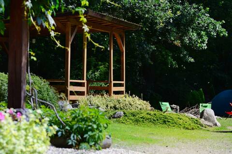 Beautiful wooden house with a large bathing pond