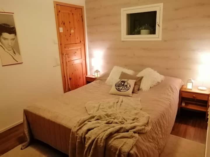 غرفة نوم في الطابق السفلي بإمكانية الوصول إلى غرفة غسيل الساونا