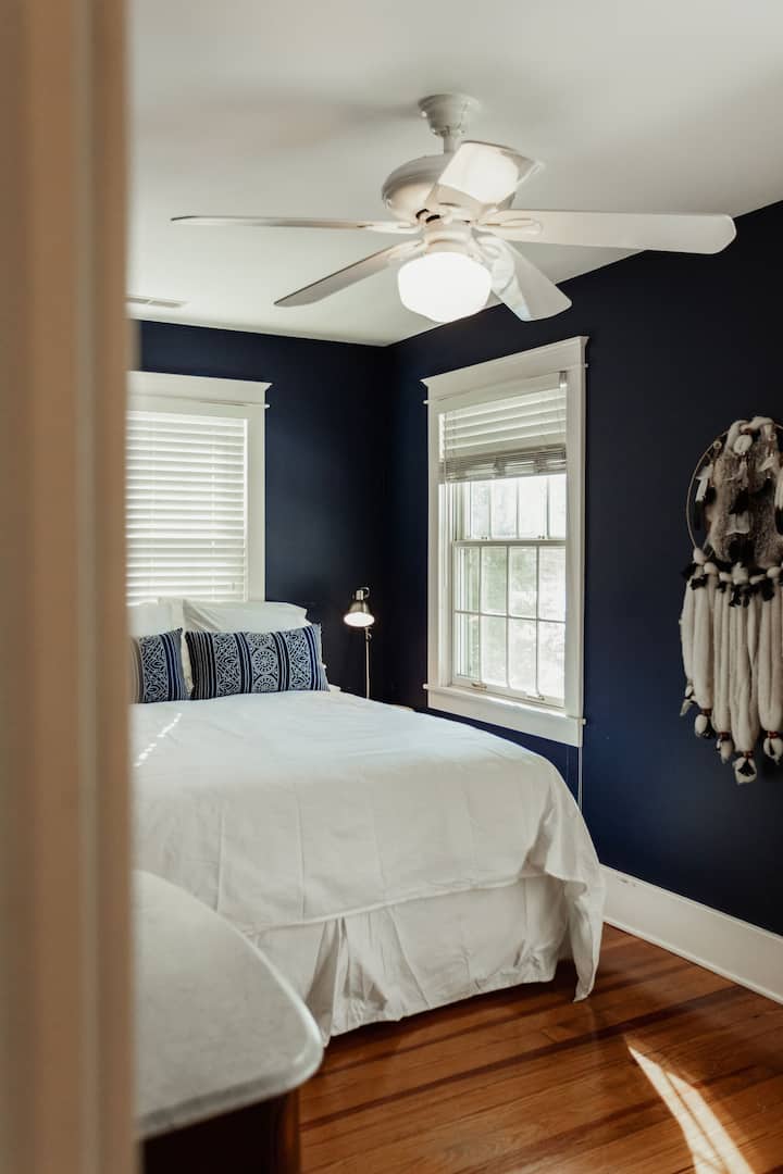 Ლურჯი ოთახი საძინებელში 152 × 203 სმ ზომის საწოლით