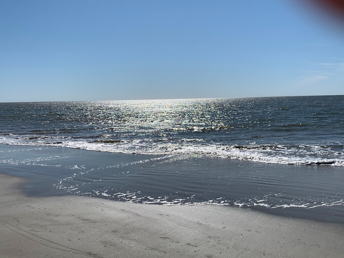 A serene beach scene features gentle waves lapping at a sandy shore. The sunlight reflects off the ocean surface, creating a shimmering effect. The horizon is clear, showcasing the expansive sky meeting the water.
