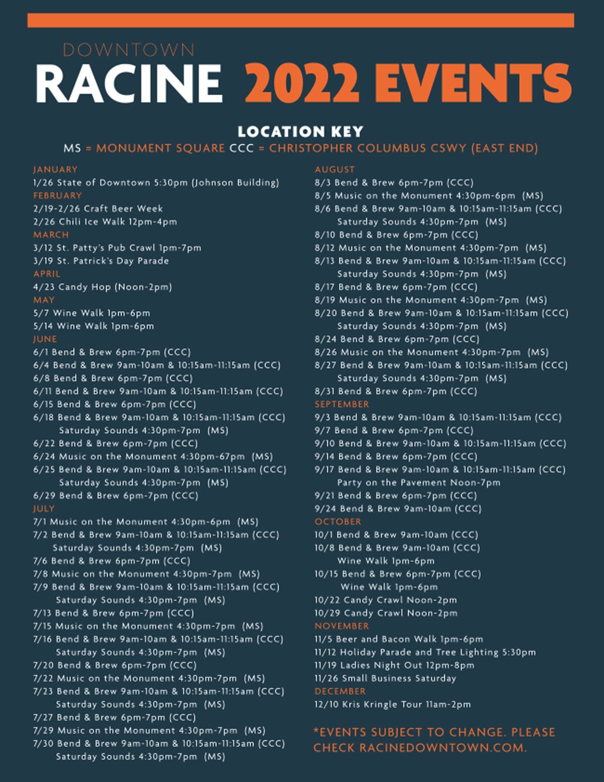 A comprehensive event schedule lists various activities in Downtown Racine for 2022. Dates, times, and locations for each event are organized in a clear layout, featuring music, markets, and family-friendly activities throughout the year.