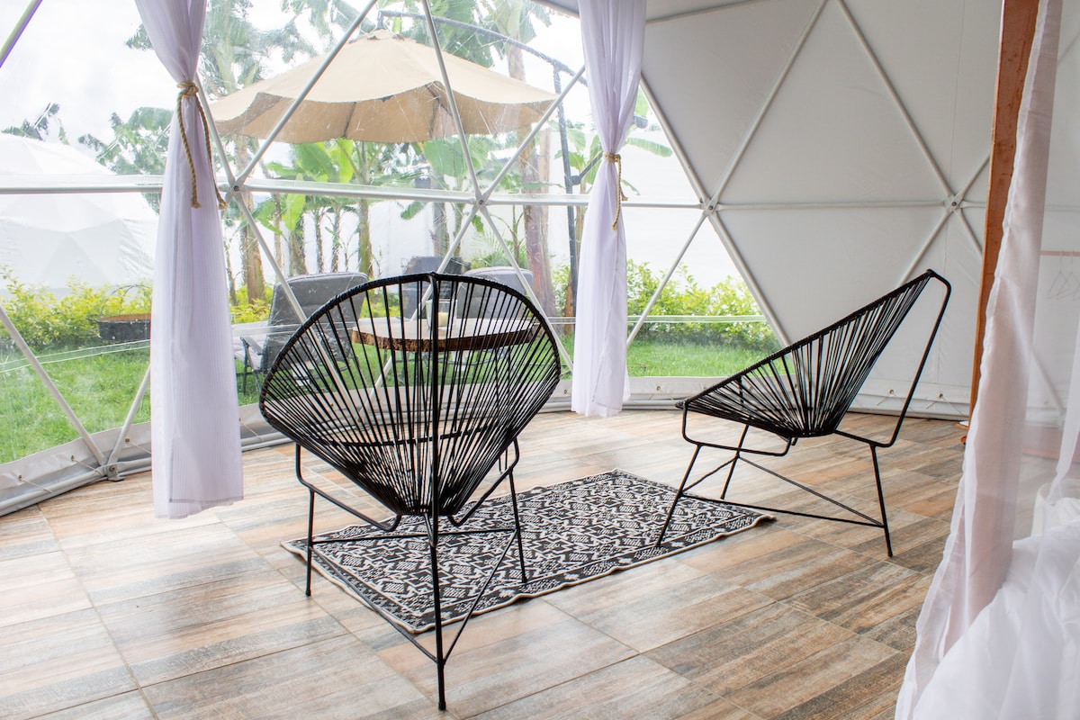 Inside the dome, two black chairs are positioned on a patterned rug, accompanied by a small round table. Sunlight filters through the transparent walls, highlighting greenery outside and a shaded area with an umbrella.