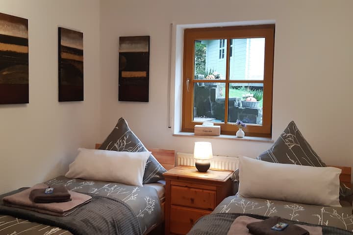 Een andere slaapkamer met twee eenpersoonsbedden.