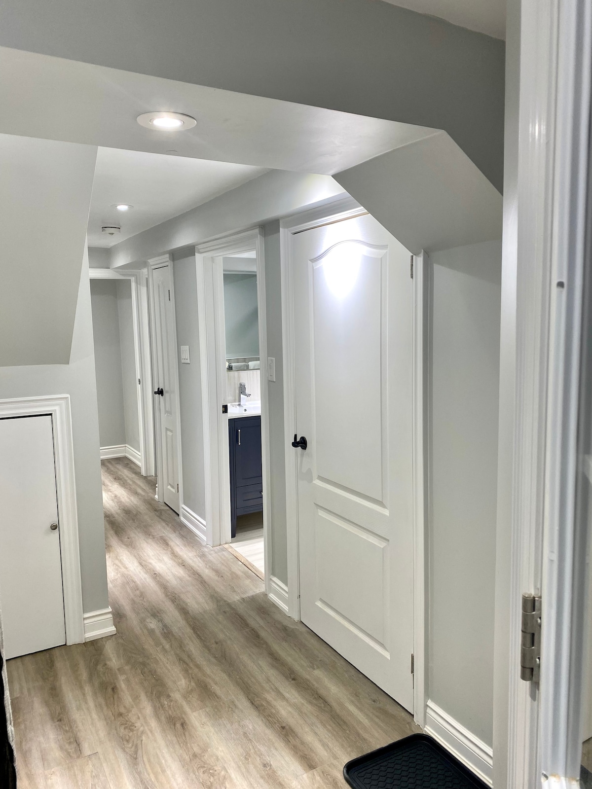 A well-lit hallway features multiple doors leading to different rooms. The pale walls contrast with the dark door handles, creating a clean and modern aesthetic. Soft wooden flooring extends down the corridor, adding warmth to the space.