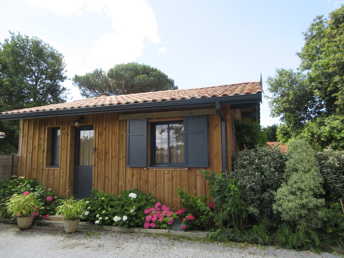 A wooden cabin with a sloped roof is surrounded by vibrant landscaping, featuring blooming flowers and greenery. Two windows are seen, framed by dark shutters. The entrance door, located centrally, is accompanied by decorative plants at the base, enhancing the inviting appearance of the home.