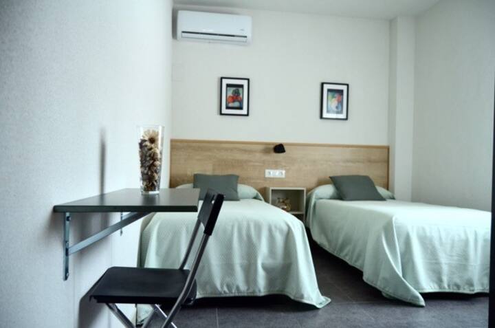Habitacion nº 3;  dispone de aire acondicionado y bomba de calor, 2 camas individuales, TV y baño privado además de mesa de trabajo