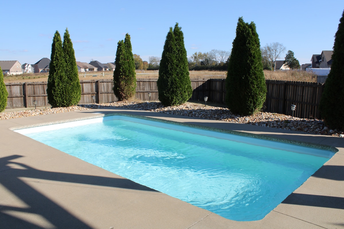 A saltwater pool is set within a concrete patio, surrounded by neatly trimmed shrubs. The clear blue water reflects sunlight, while a wooden fence encloses the area, providing privacy in the outdoor space.