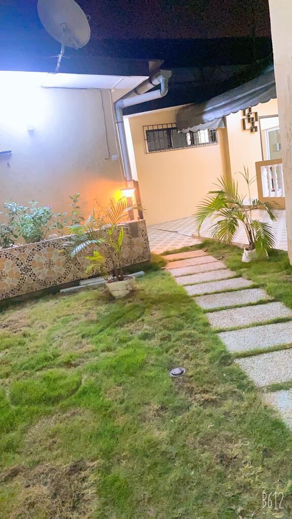 A serene garden area is depicted, featuring a pathway made of square stones leading through lush green grass. Small plants are arranged along the sides, and warm lighting highlights the space, contributing to a calming ambiance.