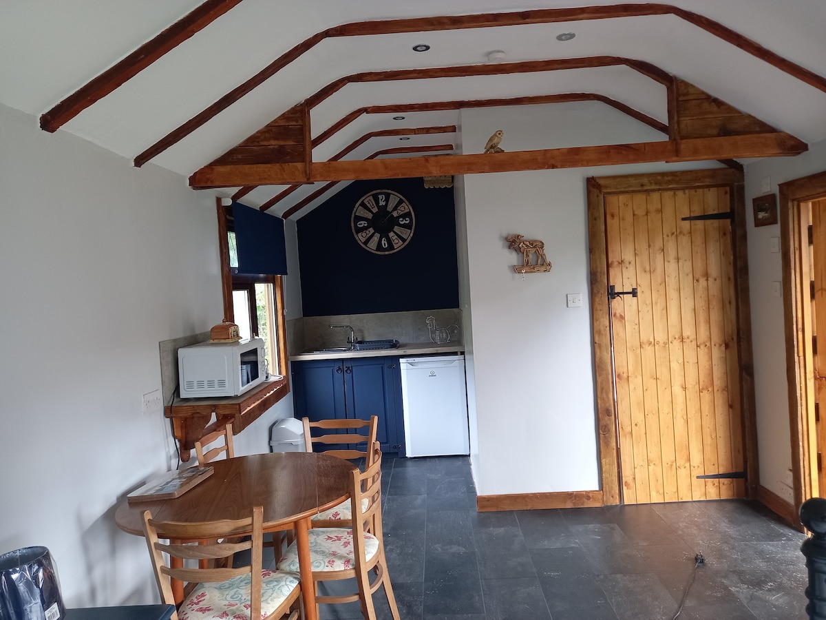 A welcoming interior features exposed wooden beams along the ceiling. A round dining table with several chairs is positioned nearby. A compact kitchen area includes a microwave and refrigerator, complemented by a wooden door that leads to the outside.