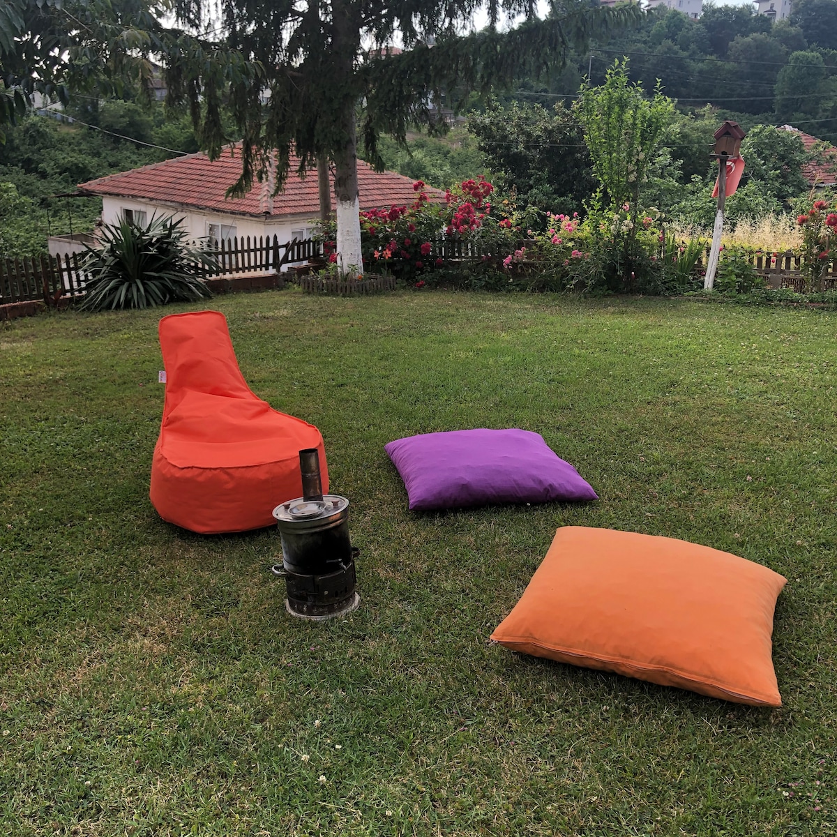 A grassy outdoor space features colorful seating options, including an orange cushion and a purple cushion, alongside a relaxed bean bag chair. A small metal stove is placed centrally, surrounded by vibrant greenery and blooming flowers in the background.